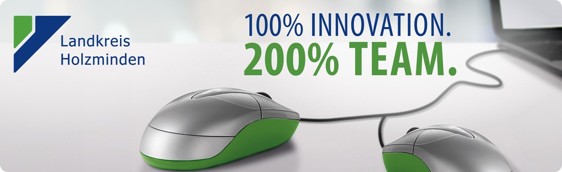 Es sind zwei Computermäuse mit einem Kabel verbunden, oberhalb steht 100 % Innovation und 200 % Team