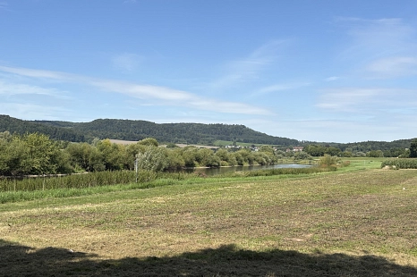 Eine Landschaft mit Bäumen am Ufer eines Flusses und einem Gebirgszug vor blauem Himmel